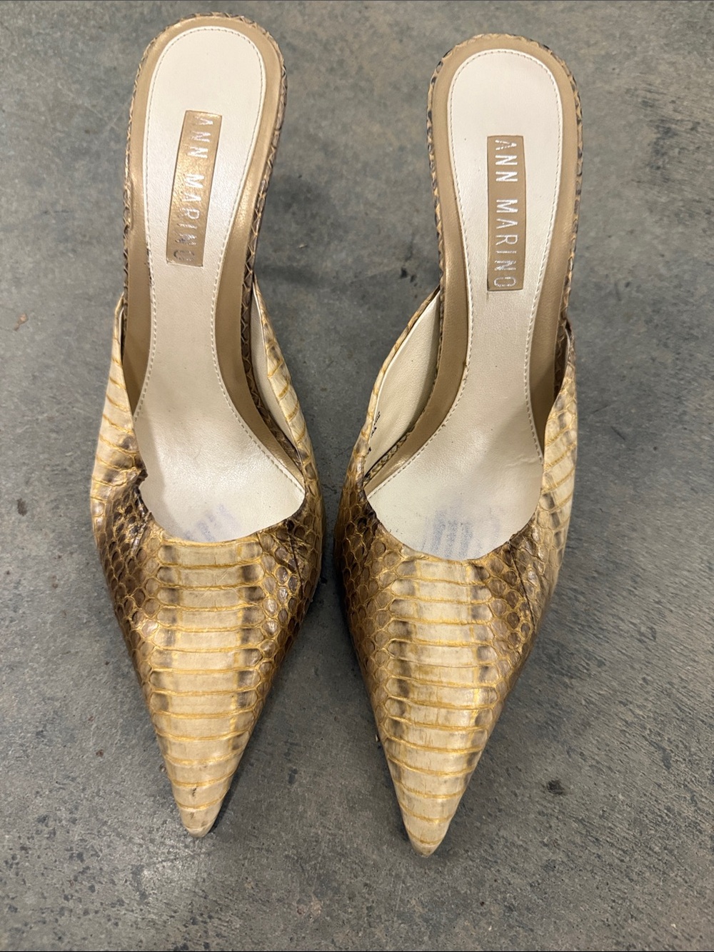 Ann Marino Vintage Gold-Tone Snakeskin Pointed Mules
